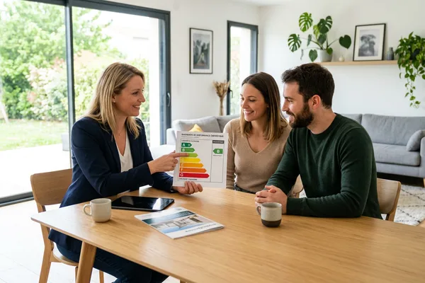 DPE vente - agent immobilier présentant étiquette énergétique