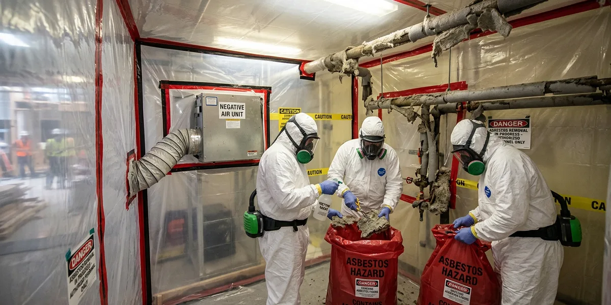 Equipe de désamiantage en zone confinée