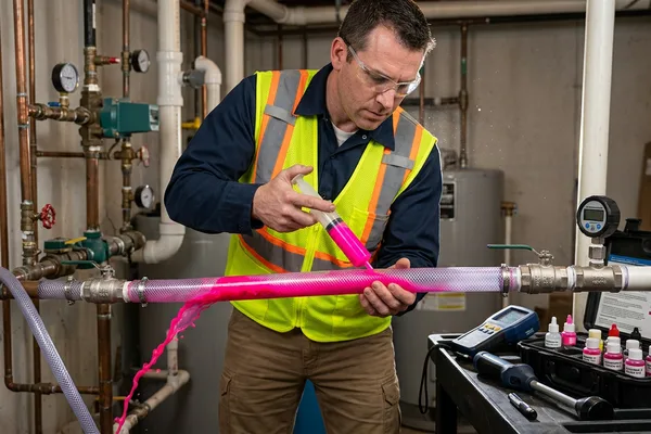 Recherche de fuite par rhodamine B traceur fluorescent rose